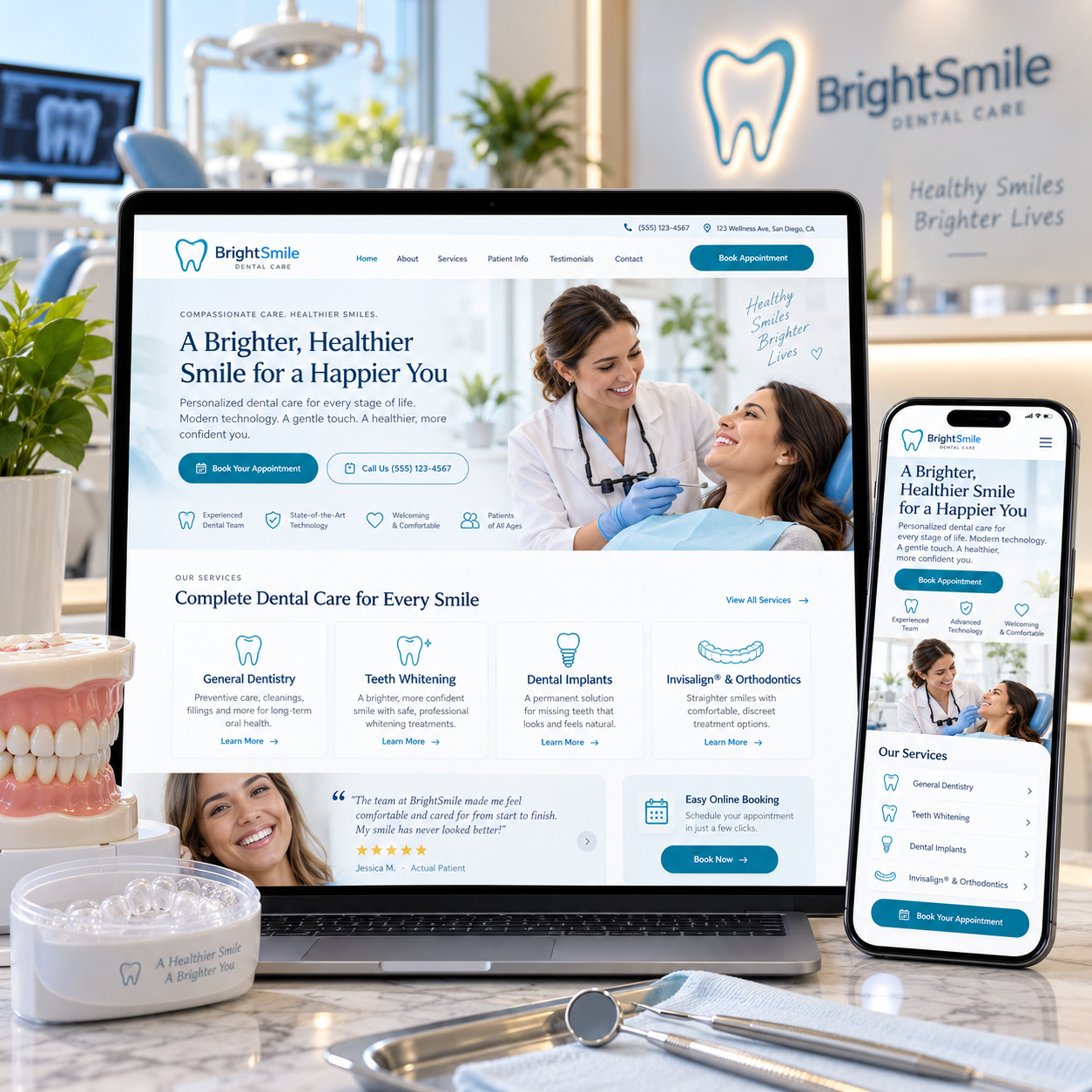 Dental clinic demo website shown on a laptop and phone