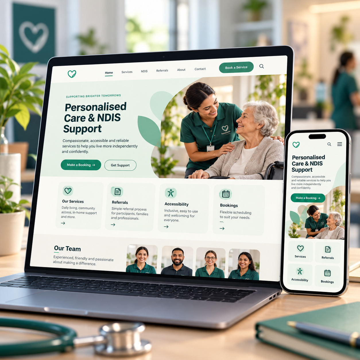Health, care and NDIS demo website shown on a laptop and phone