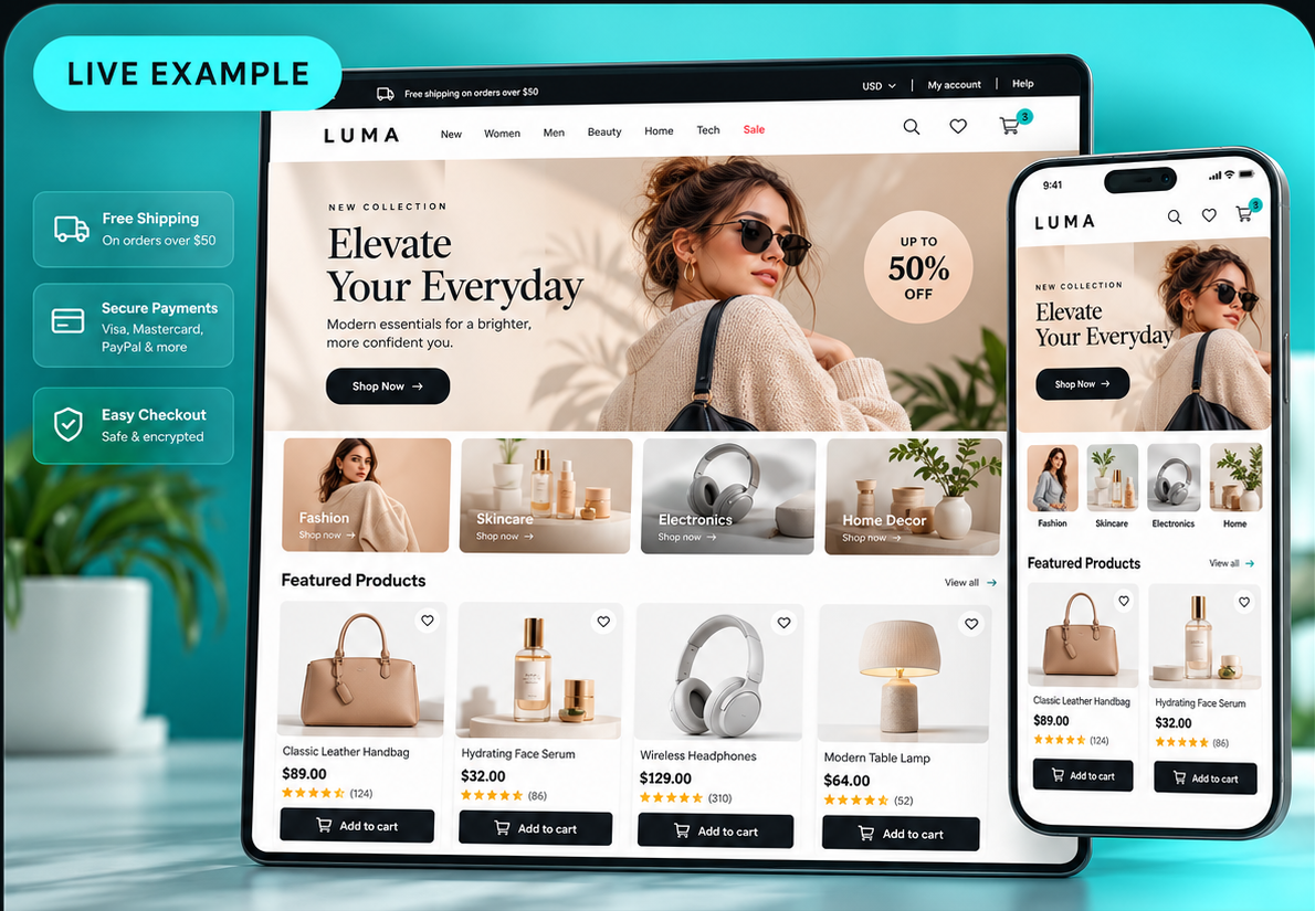 Online store demo website shown on a tablet and phone
