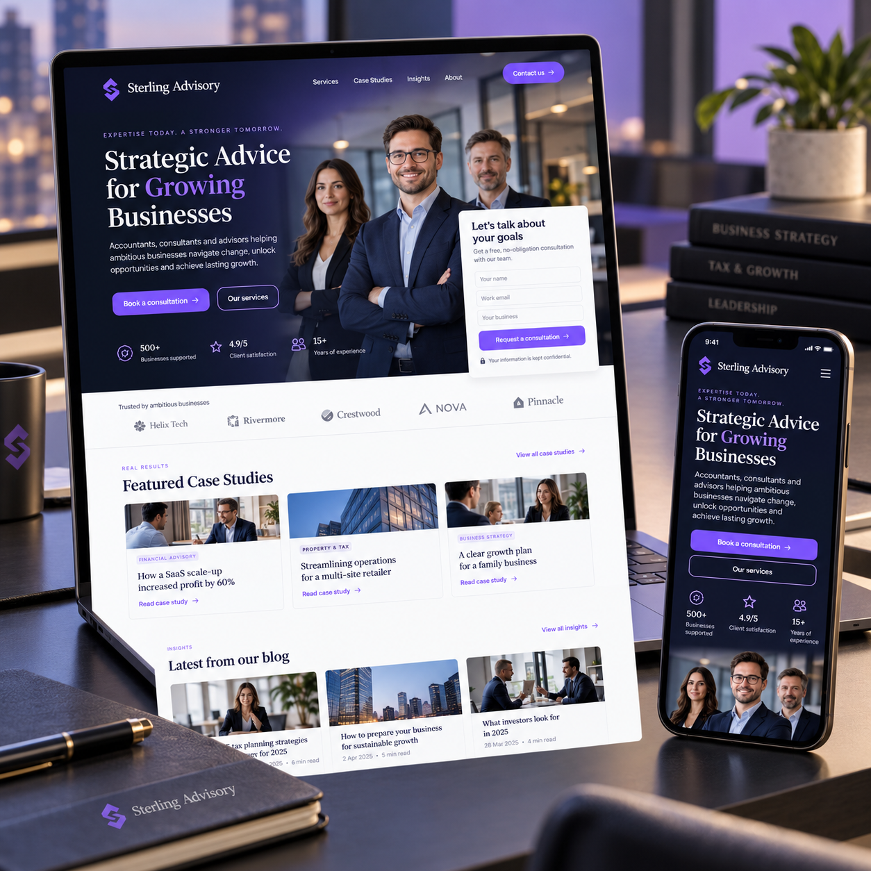 Professional services demo website shown on a laptop and phone