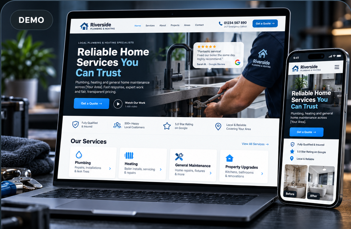 Trades and home services demo website shown on a laptop and phone